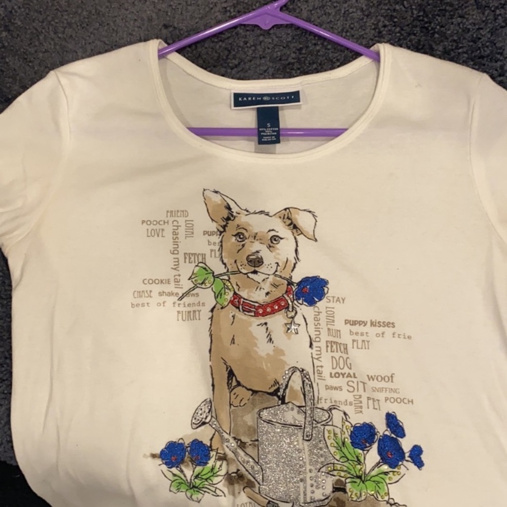 Karen Scott Cream and Blue Dog Print Top